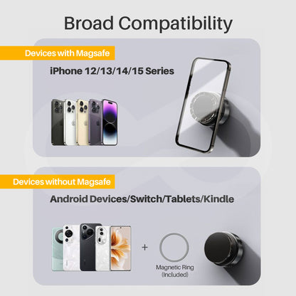 Broad compatibility for phone holder with and without Magsafe, featuring iPhone models and a magnetic ring.
