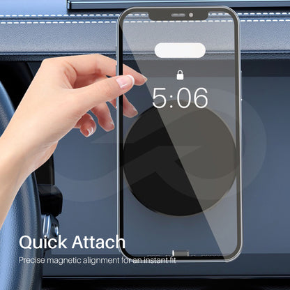 Smartphone placed by a hand on a phone holder, with text 'Quick Attach' on a background.