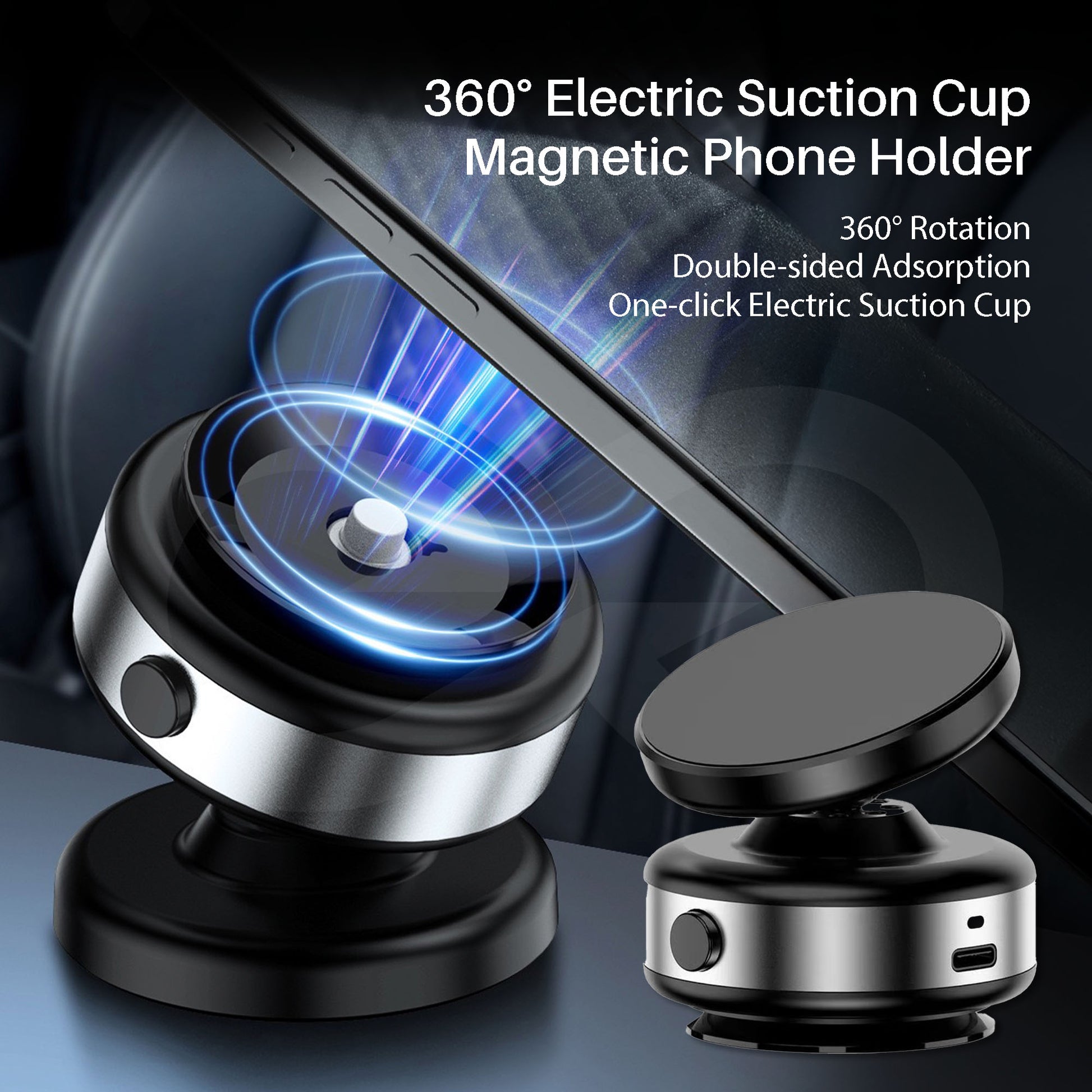 360° Electric Suction Cup Magnetic Phone Holder with text on a dark background