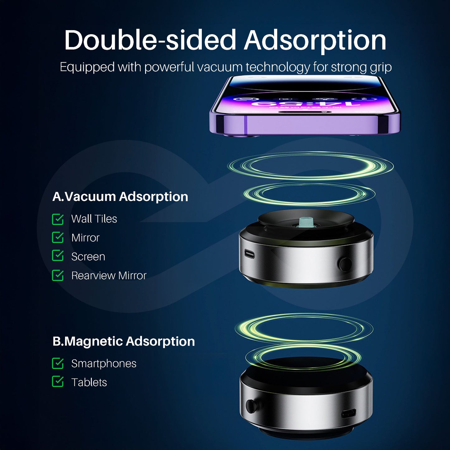 Electric Suction Cup Magnetic Phone Holder Product with double-sided adsorption technology on a dark background