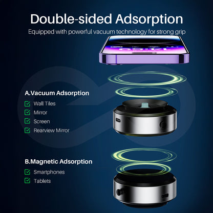 Electric Suction Cup Magnetic Phone Holder Product with double-sided adsorption technology on a dark background