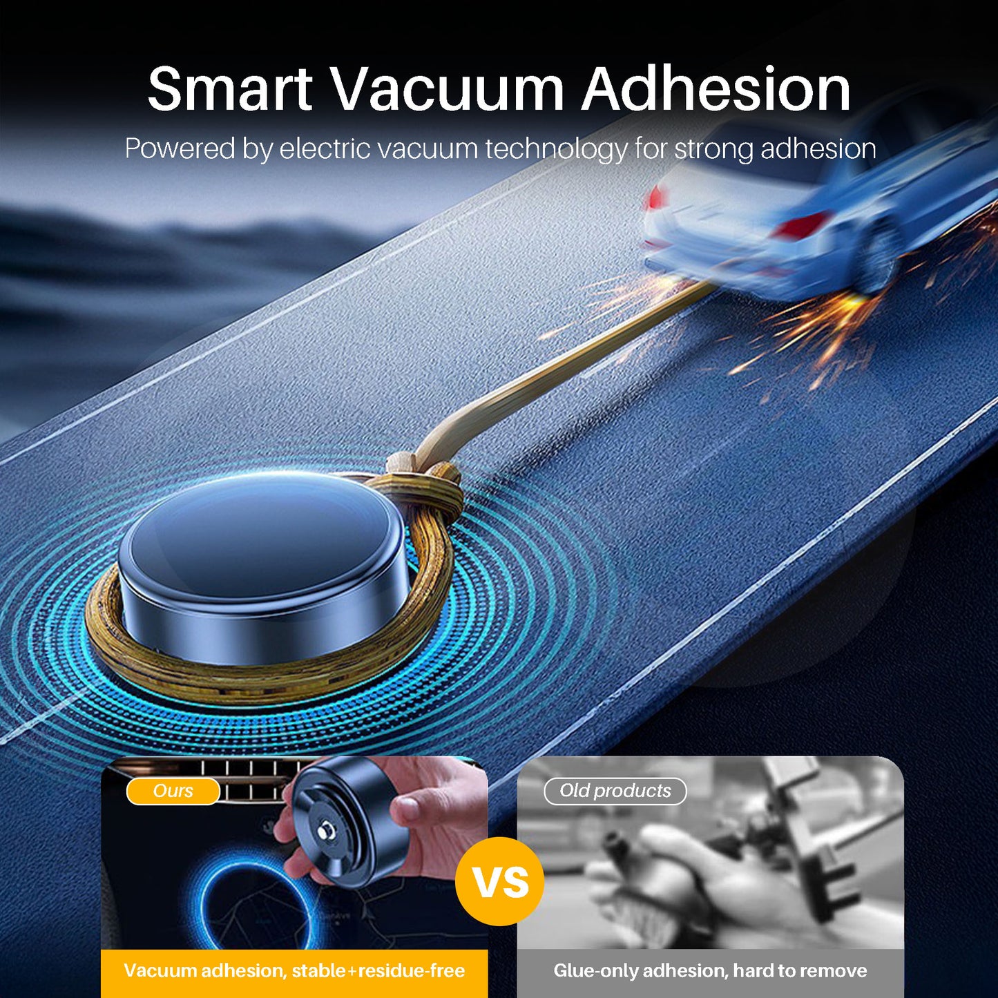 Smart vacuum adhesion technology of electric suction cup magnetic phone holder with a car on a road and comparison with old product methods.
