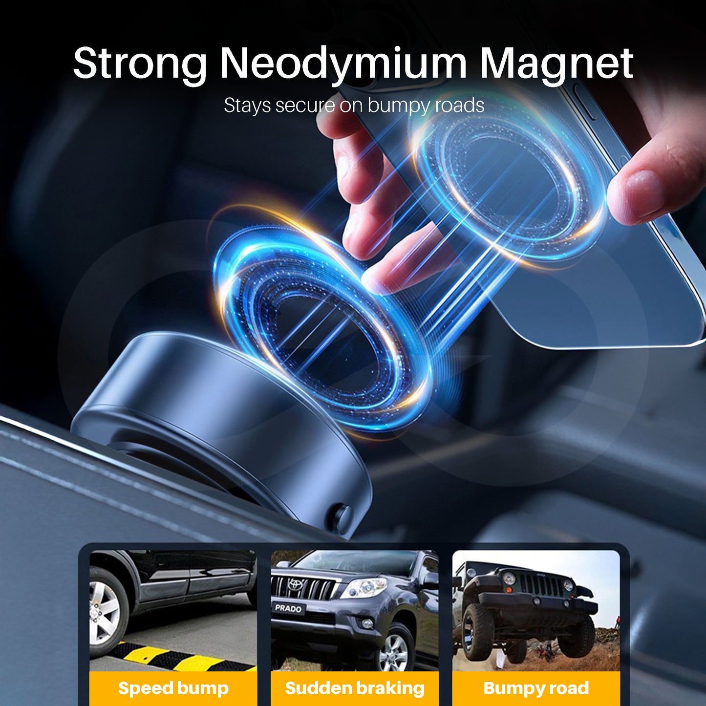 Strong neodymium magnet of electric suction cup magnetic phone holder being used on a car dashboard with text highlighting its security features.