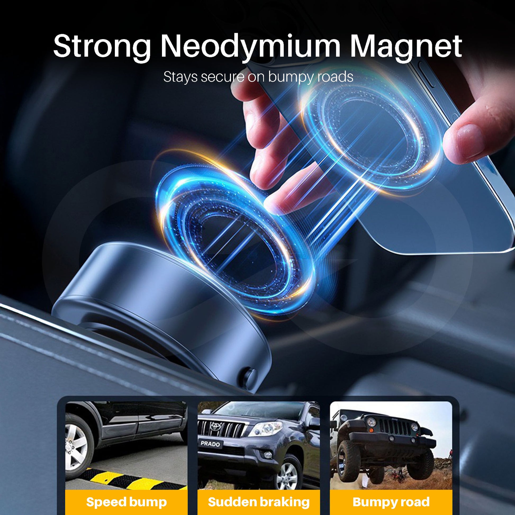 Strong neodymium magnet of electric suction cup magnetic phone holder being used on a car dashboard with text highlighting its security features.
