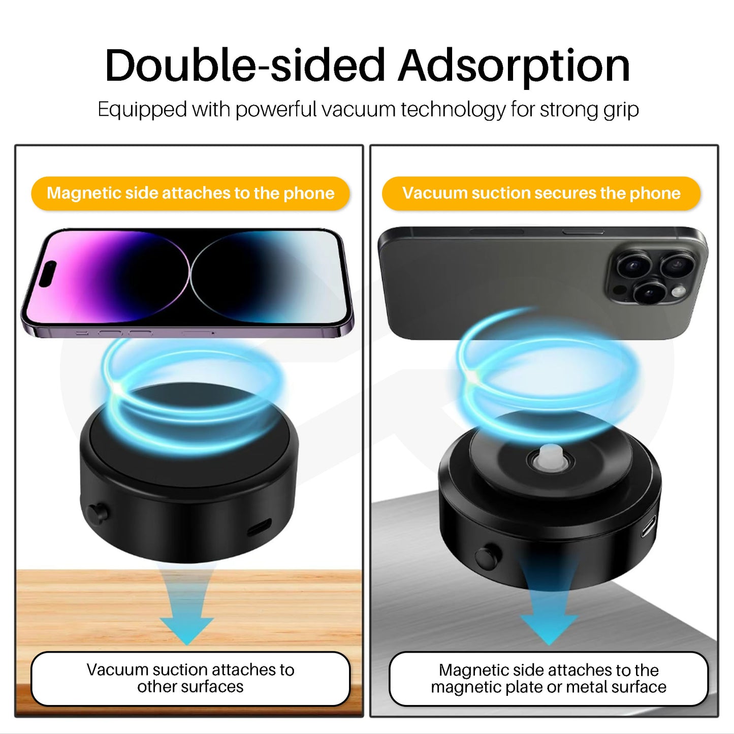 Double-sided adsorption device with magnetic and vacuum suction technology for phone attachment.