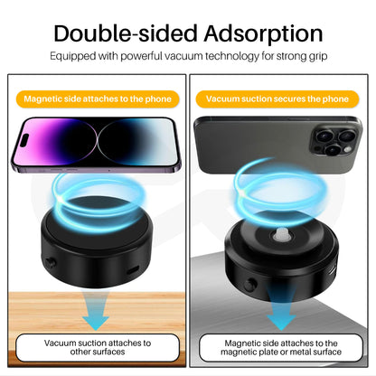 Double-sided adsorption device with magnetic and vacuum suction technology for phone attachment.