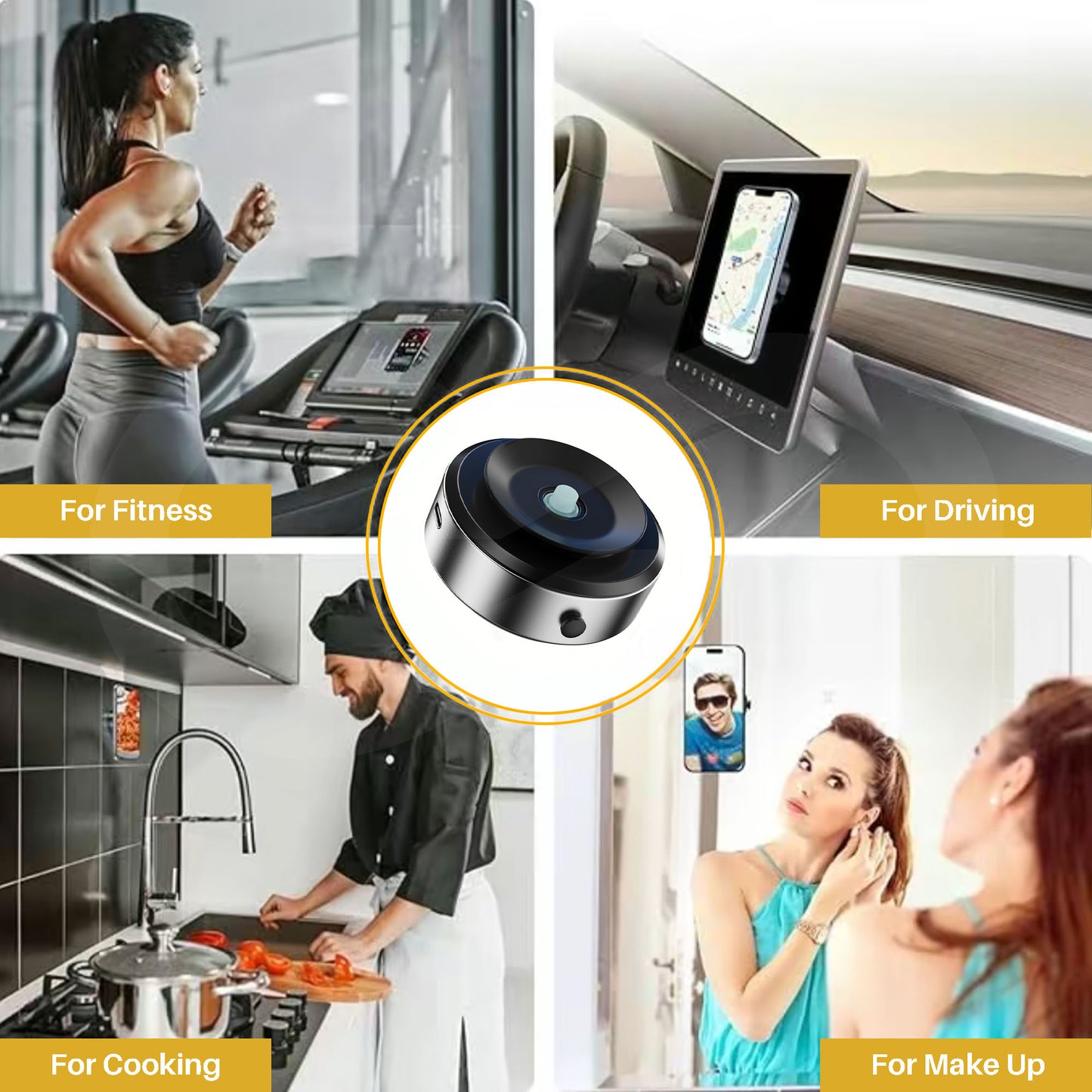 Electric suction cup phone holder use scenarios with text indicating its use for fitness, driving, cooking, and makeup.