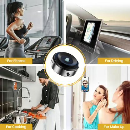Electric suction cup phone holder use scenarios with text indicating its use for fitness, driving, cooking, and makeup.