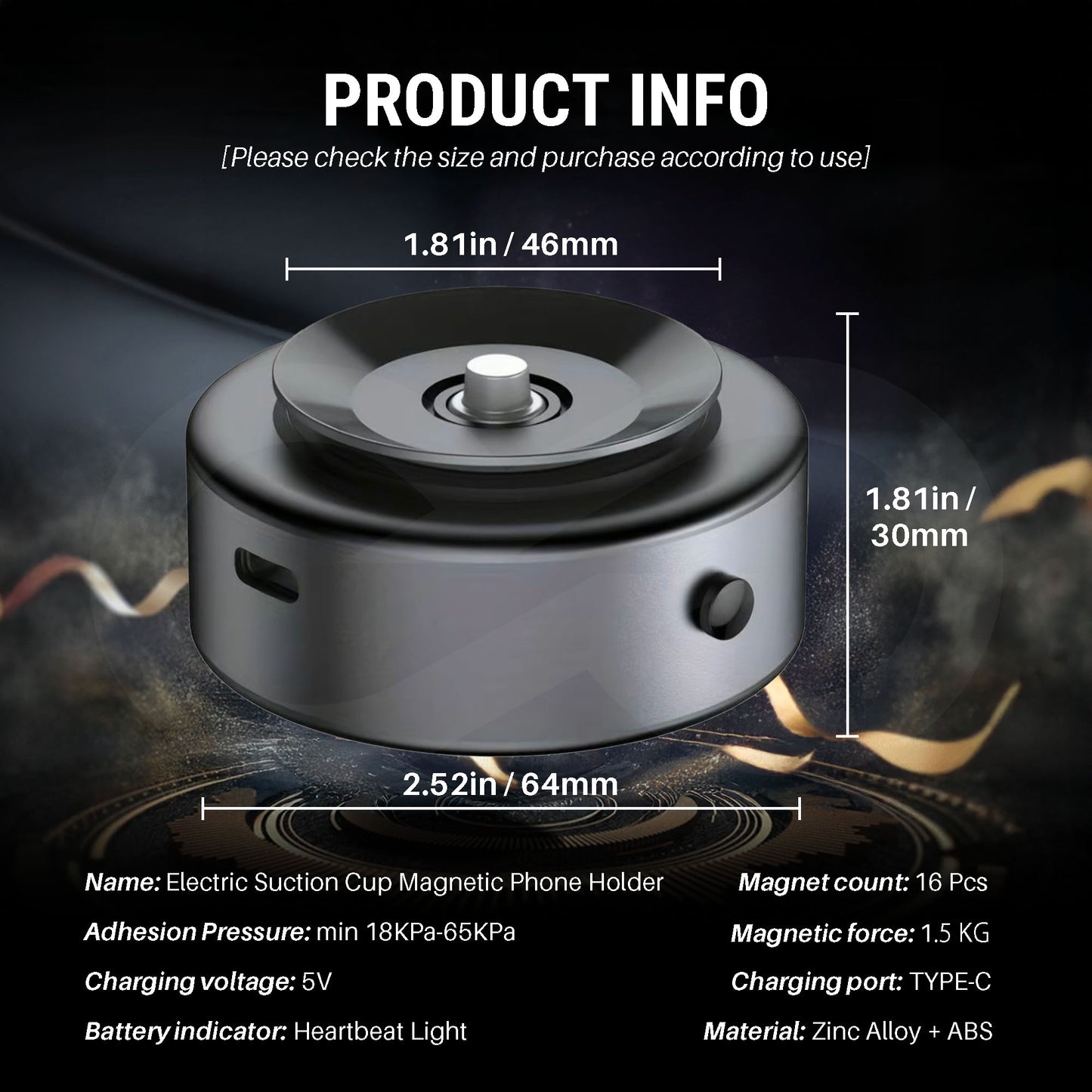 Electric suction cup magnetic phone holder with dimensions and product details on a dark background
