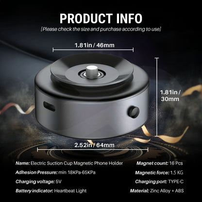 Electric suction cup magnetic phone holder with dimensions and product details on a dark background