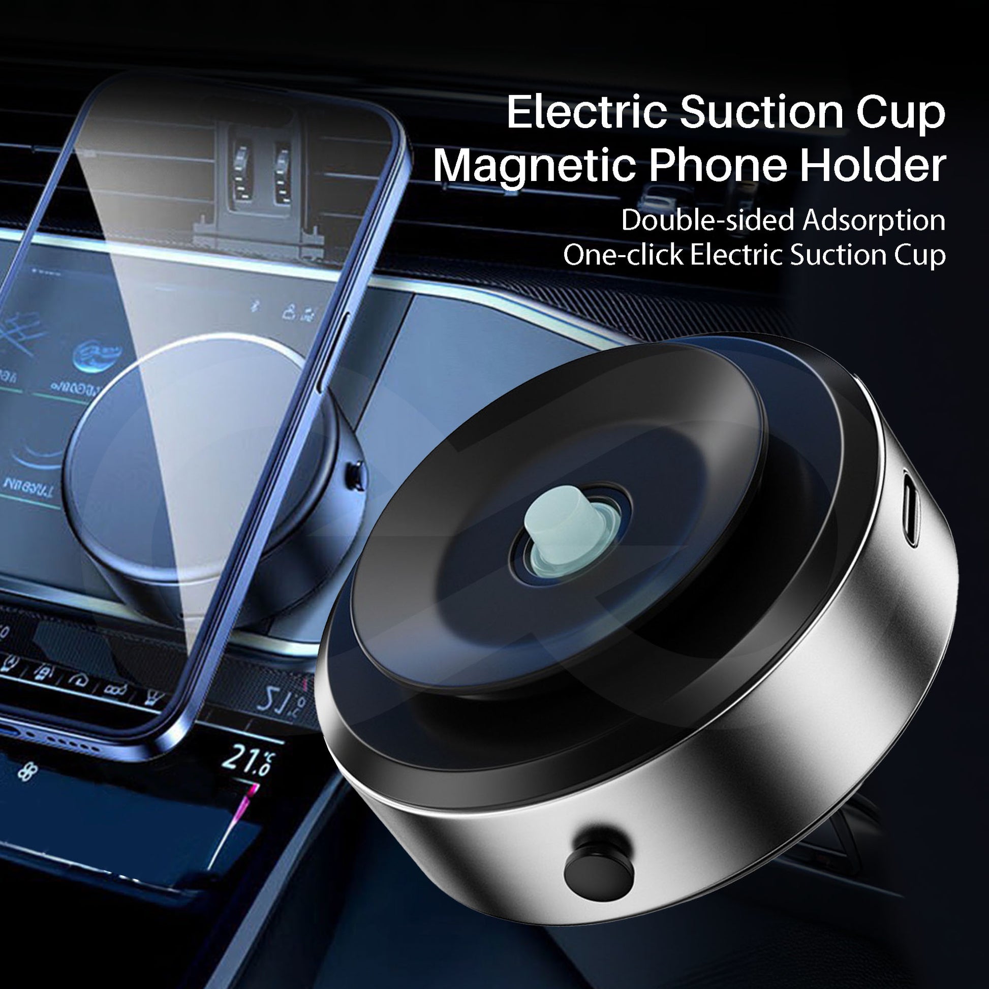 Electric suction cup magnetic phone holder on a car dashboard with text highlighting features.