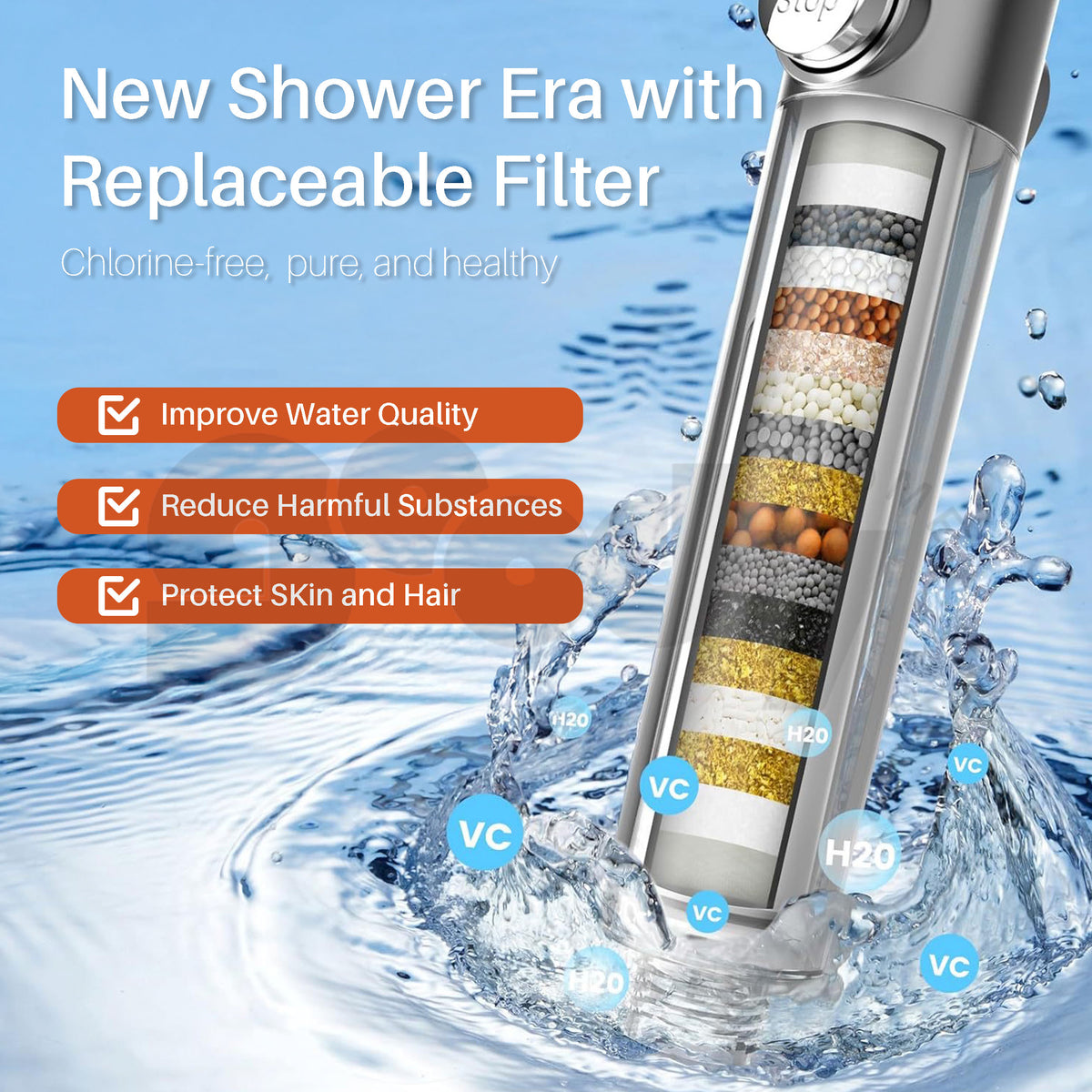 Shower filter with water droplets and text highlighting features on a blue background