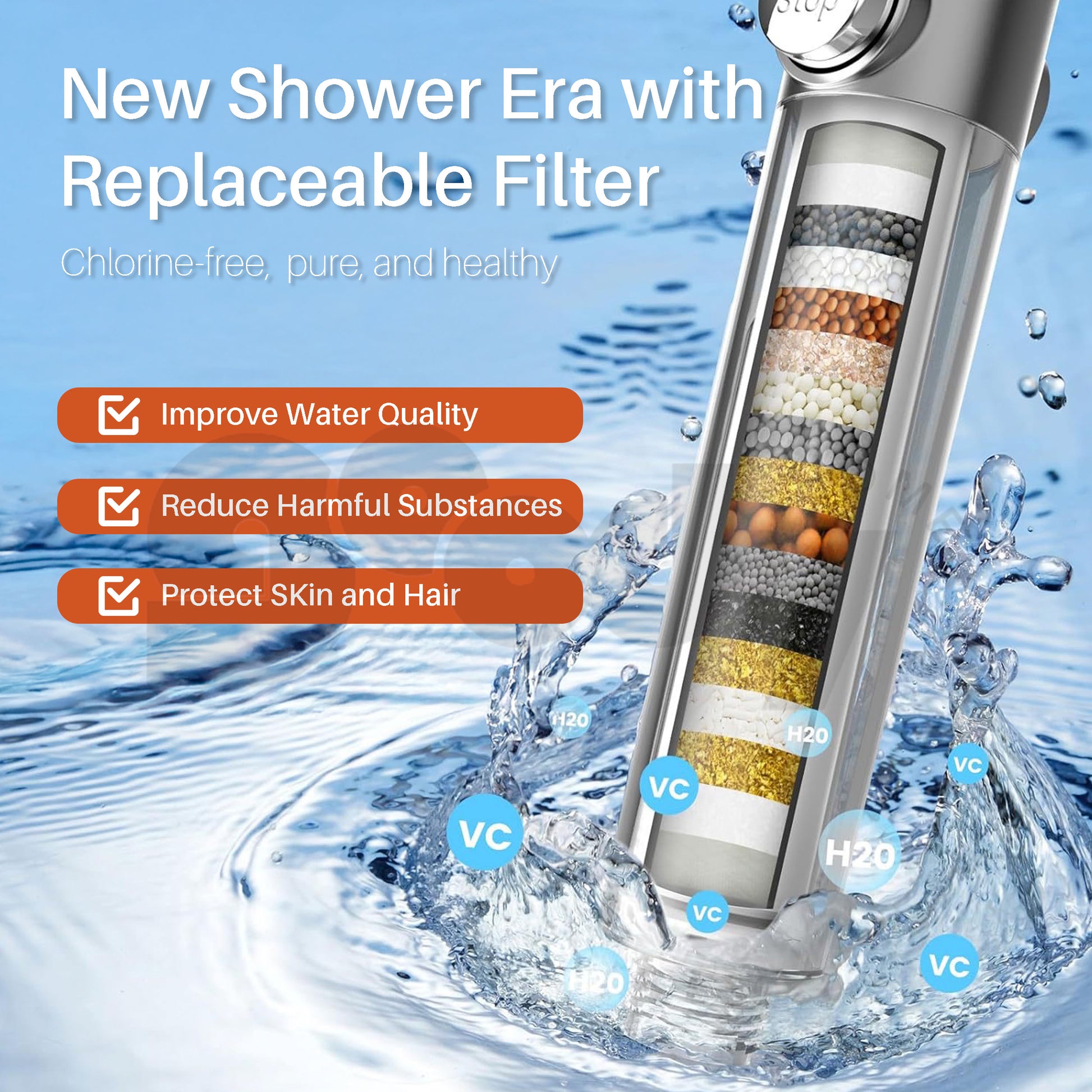 Shower filter with water droplets and text highlighting features on a blue background