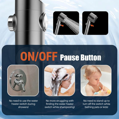 Shower control valve with on/off pause button features and usage scenarios.