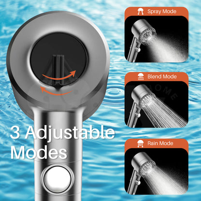 Shower head with three adjustable modes on a water background