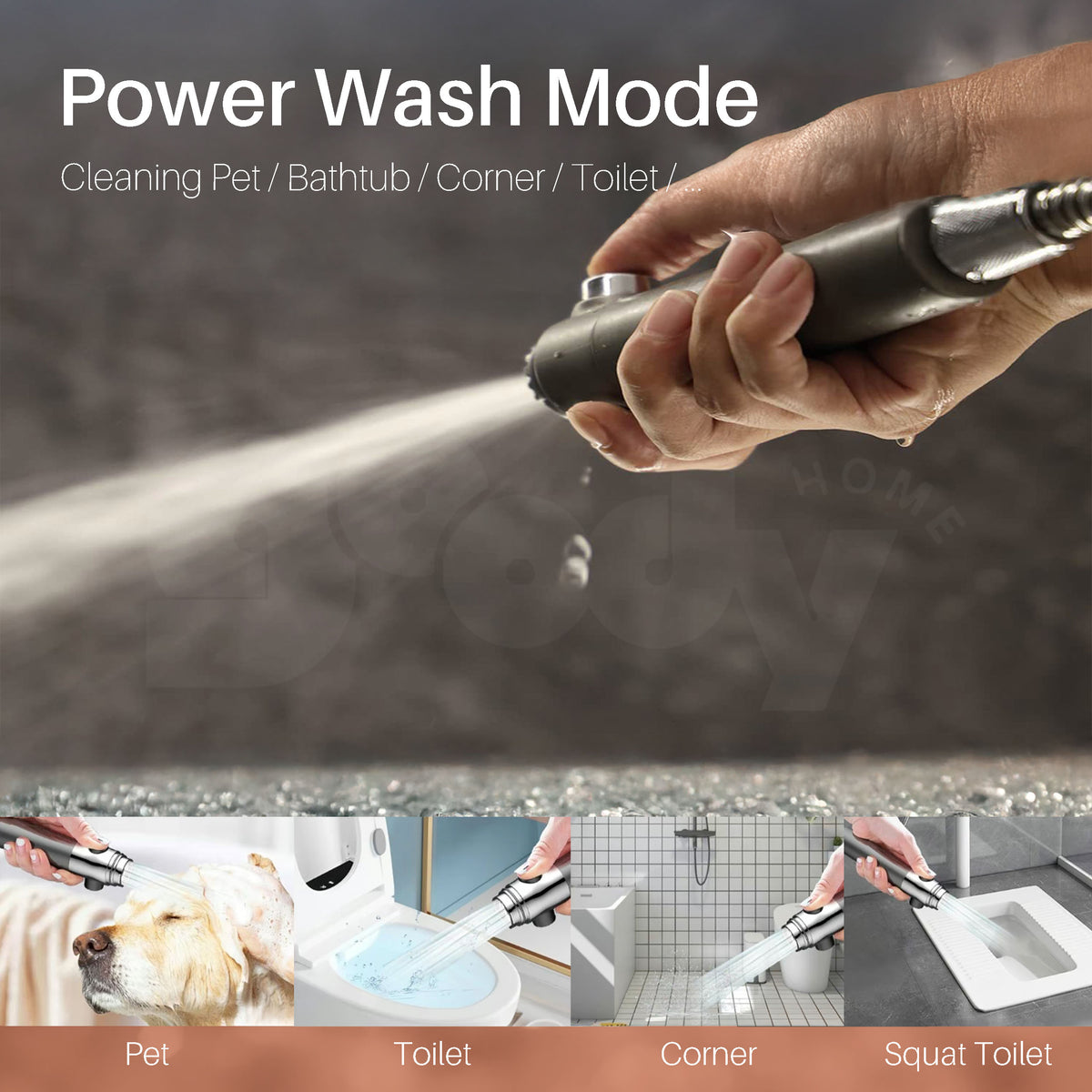Hand holding a powerful shower head with text indicating 'Power Wash Mode' and uses for cleaning various areas.