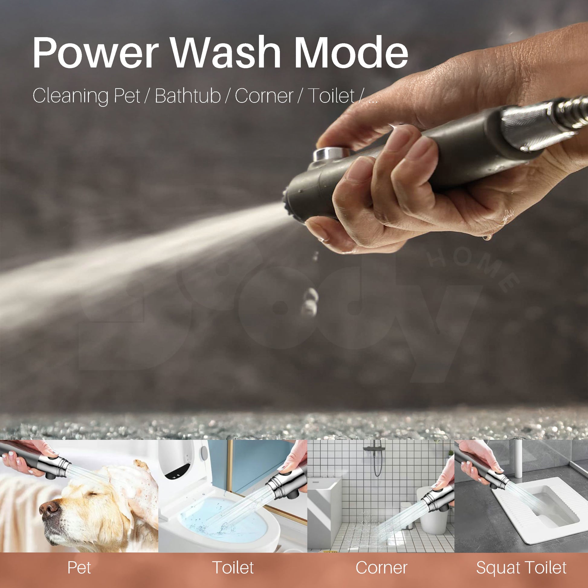 Hand holding a powerful shower head with text indicating 'Power Wash Mode' and uses for cleaning various areas.