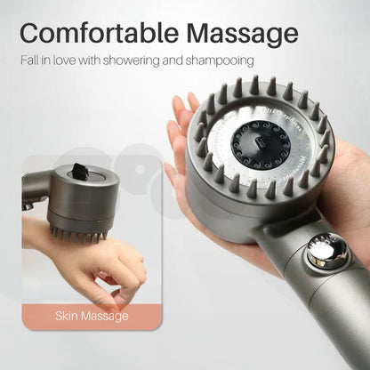 Handheld shower head with massage functions held by a hand, on a light gray background.