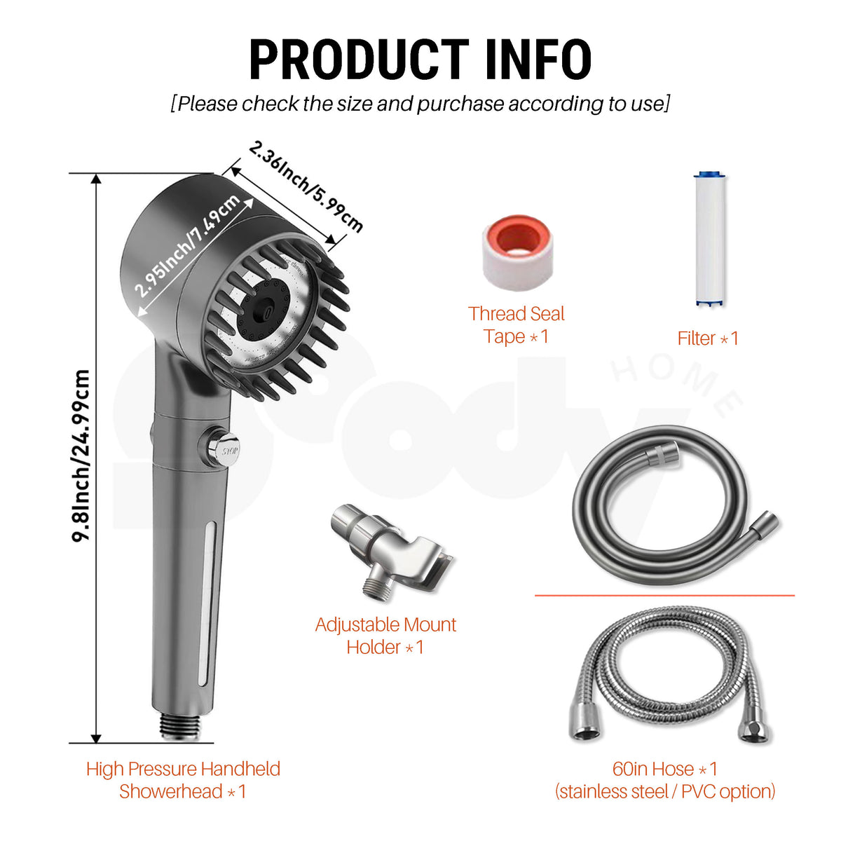 High-pressure handheld showerhead with accessories and dimensions on a white background