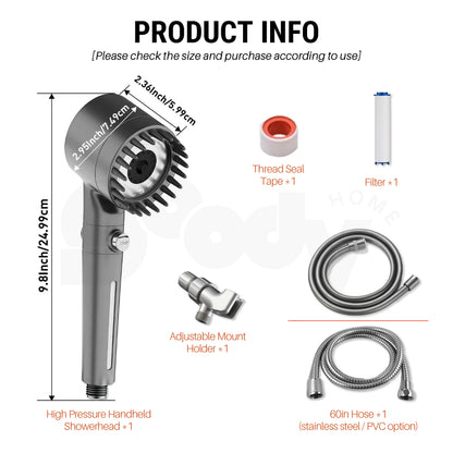 High-pressure handheld showerhead with accessories and dimensions on a white background