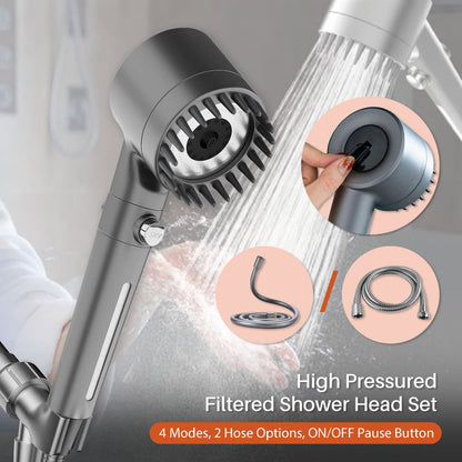 High pressured filtered shower head set with hose and attachments on a neutral background