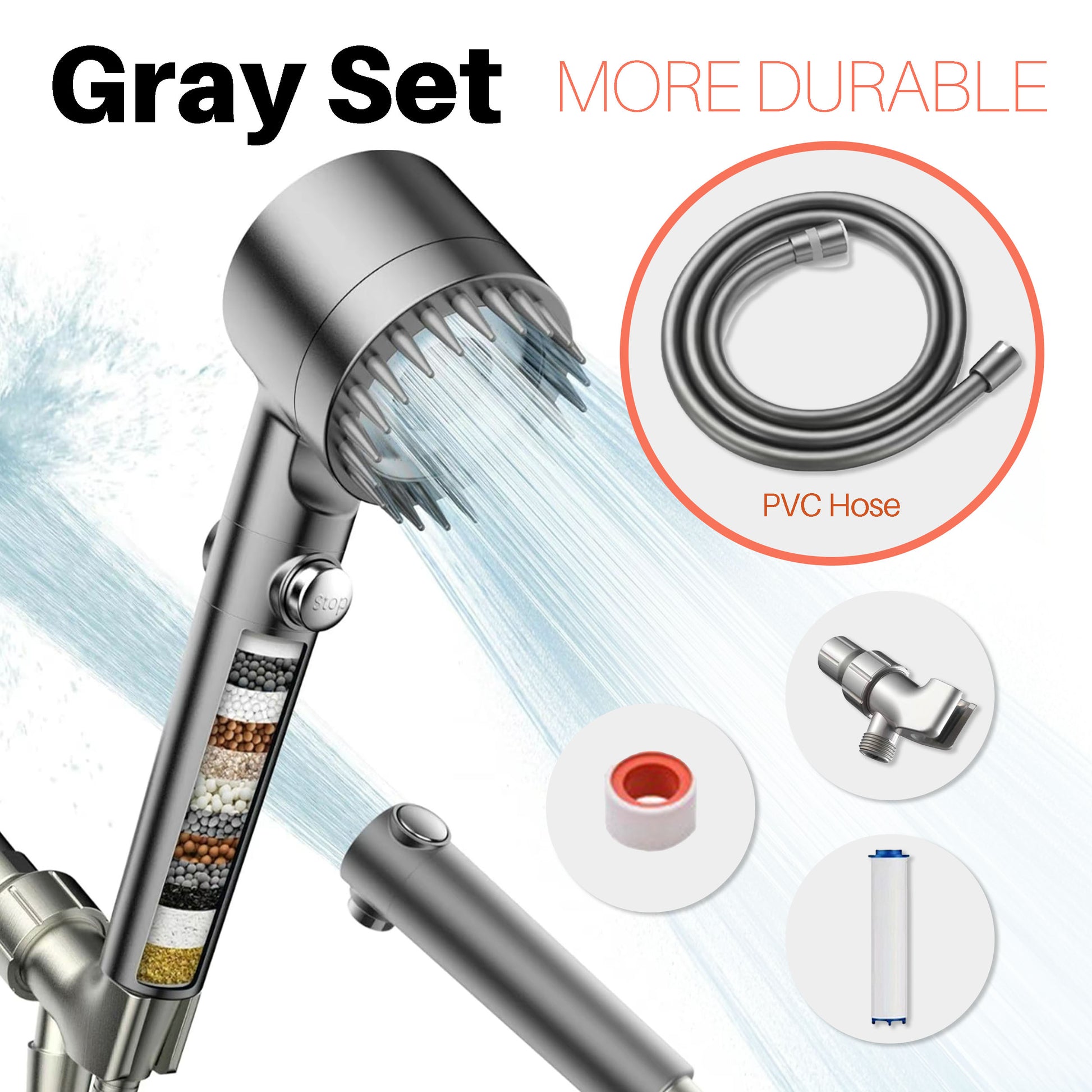 Shower head with water flow illustration and PVC hose on a white background