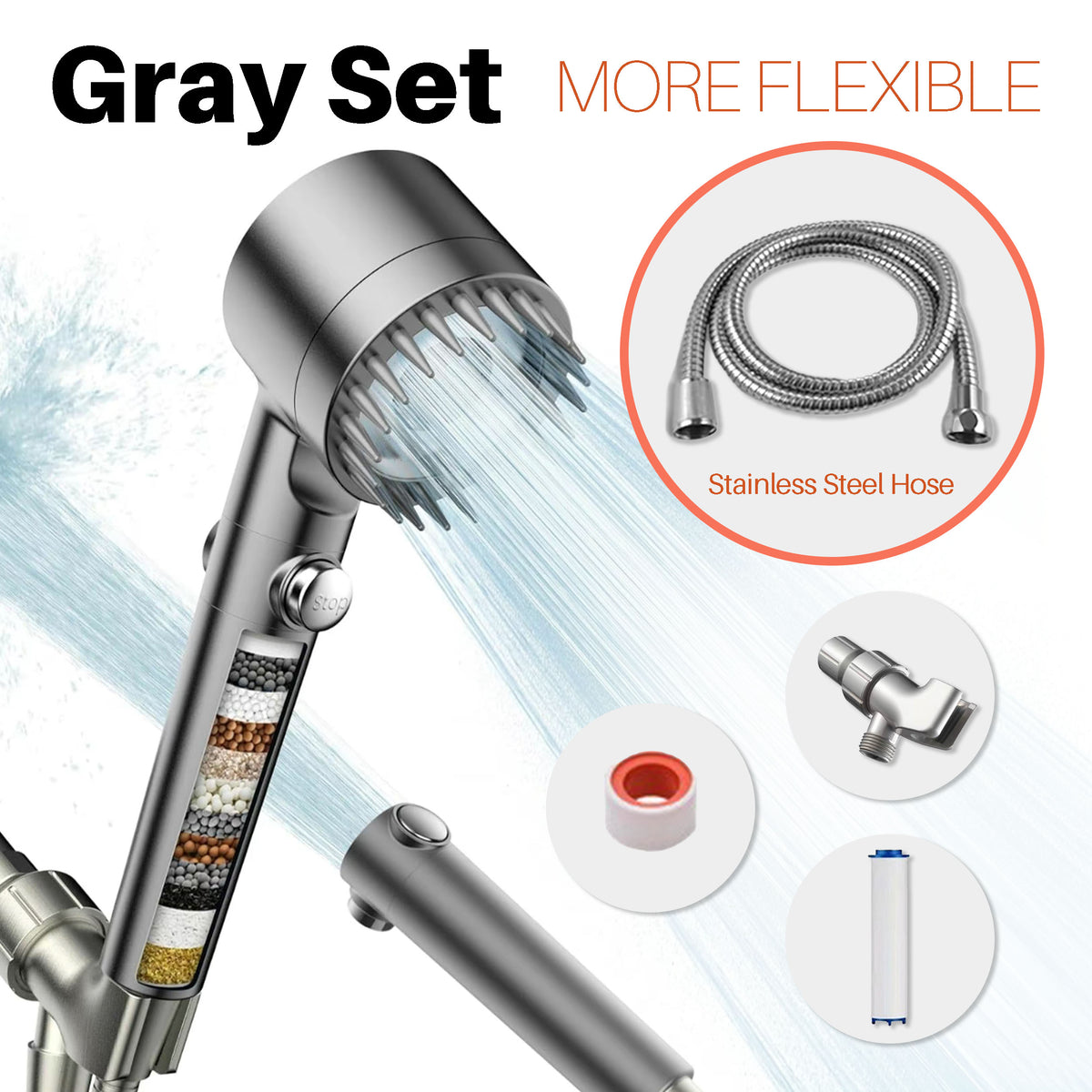 Shower head with flexible stainless steel hose and detailed components on a white background