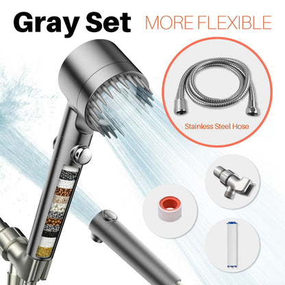 Shower head with flexible stainless steel hose and detailed components on a white background