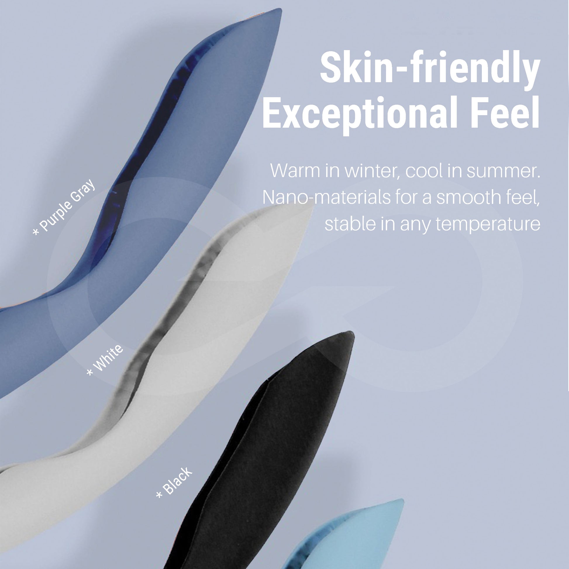 steering wheel cover in purple gray, white, and black with text about skin-friendliness and temperature regulation.