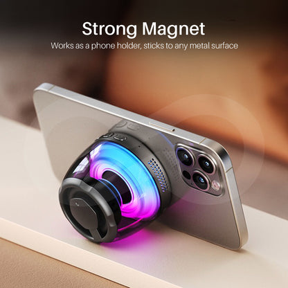 Smartphone with a Mini Magnetic Bluetooth Speaker attached, featuring a strong magnet on a blurred background.