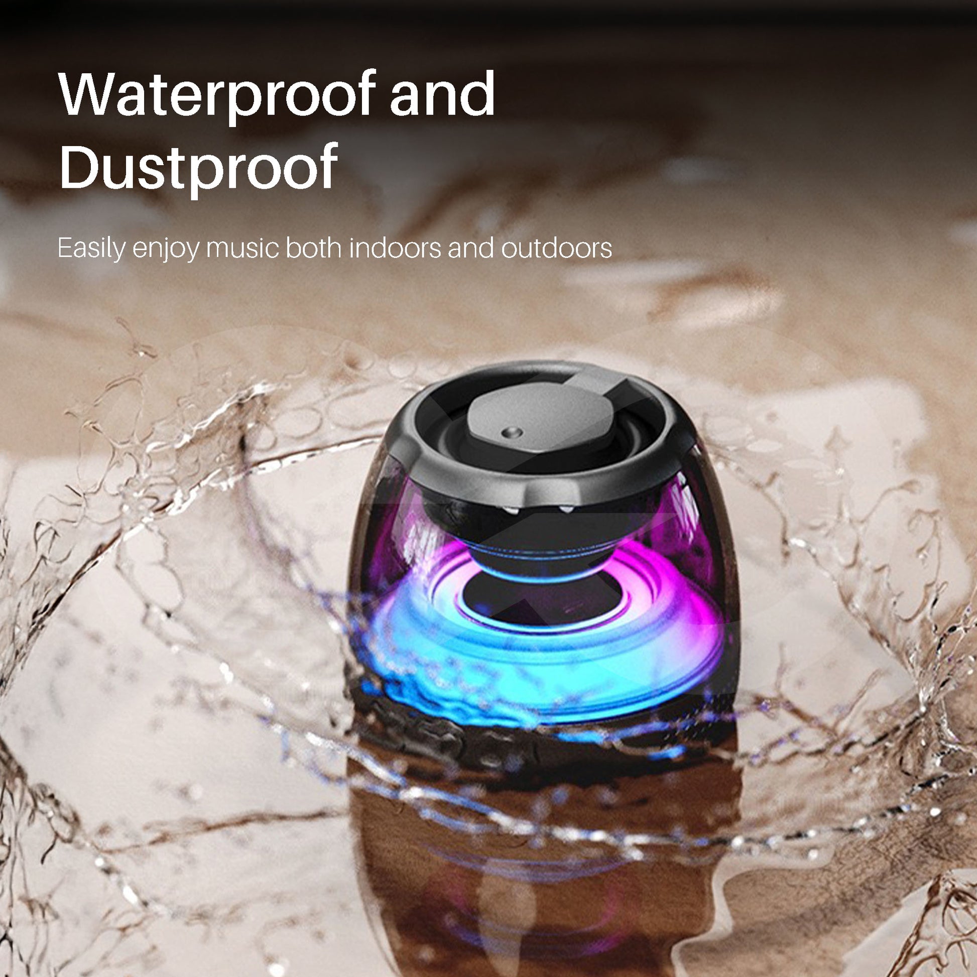 Waterproof and dustproof portable speaker with water splashing around it