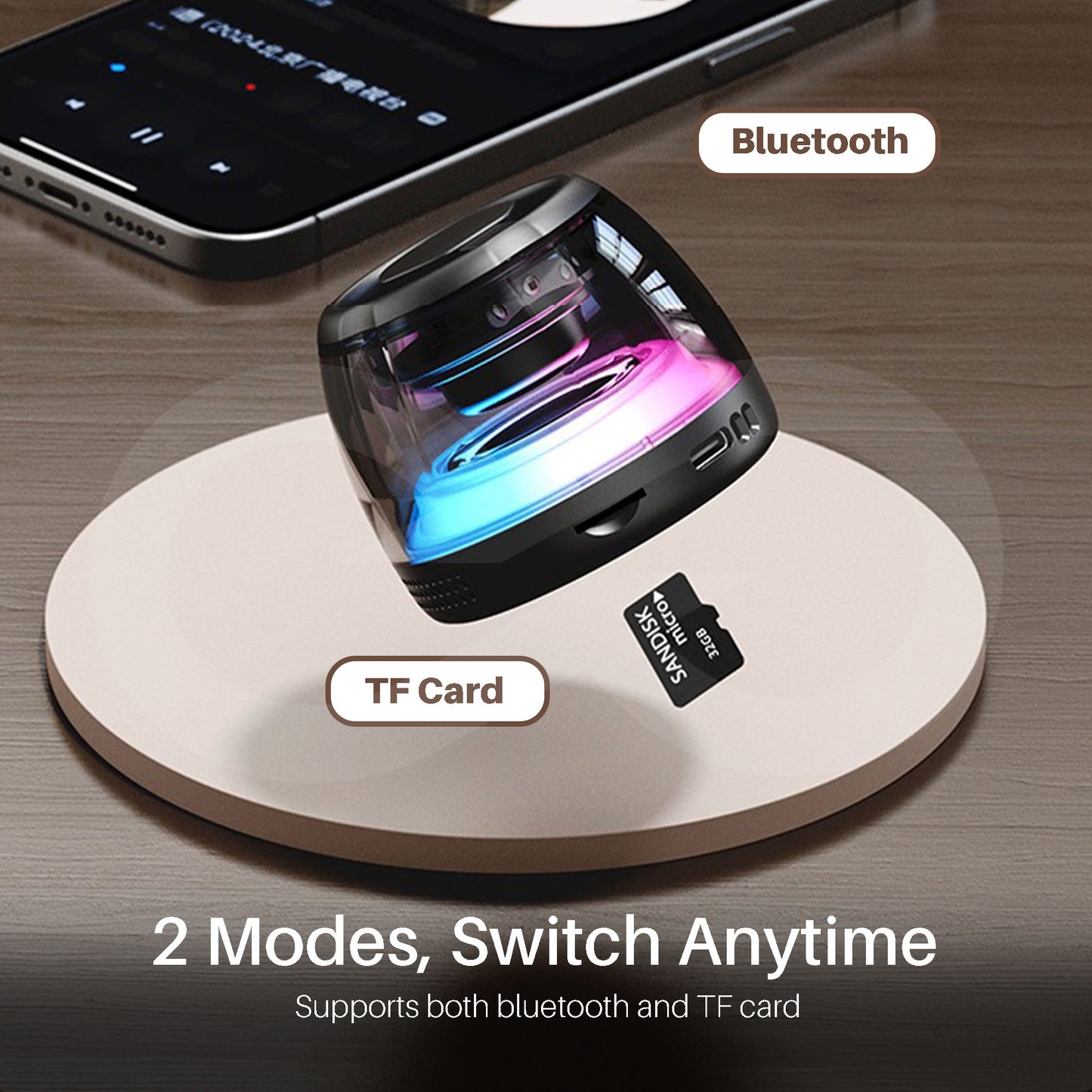 Bluetooth speaker on a charging pad with smartphone in the background