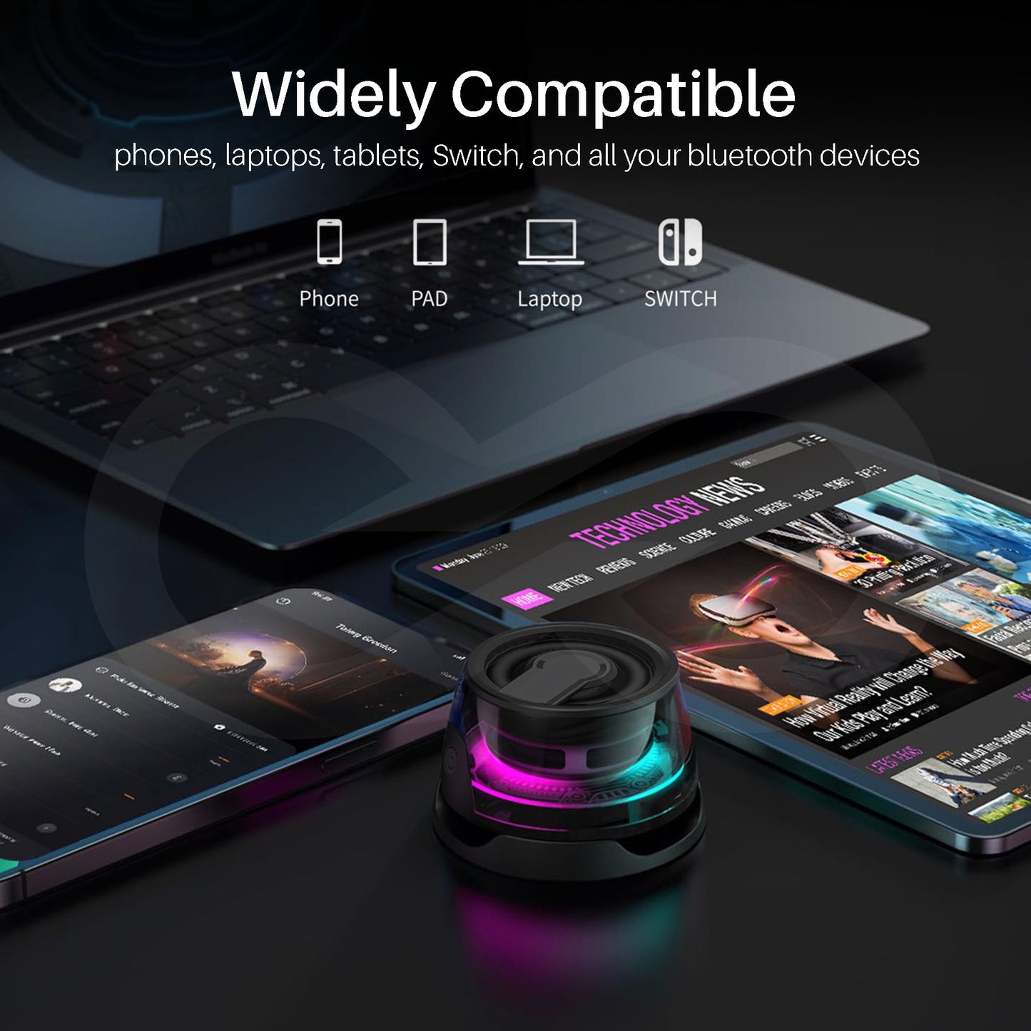 Bluetooth speaker with compatibility icons for phones, laptops, tablets, and Switch on a dark background