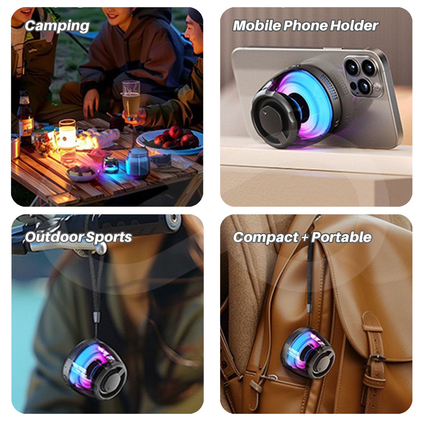 Collage of a Mini Magnetic Bluetooth Speaker in camping, outdoor sports, and compact portable settings.