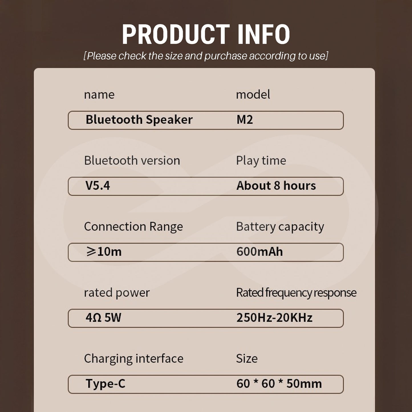 Product information card for a Bluetooth speaker with specifications on a brown background