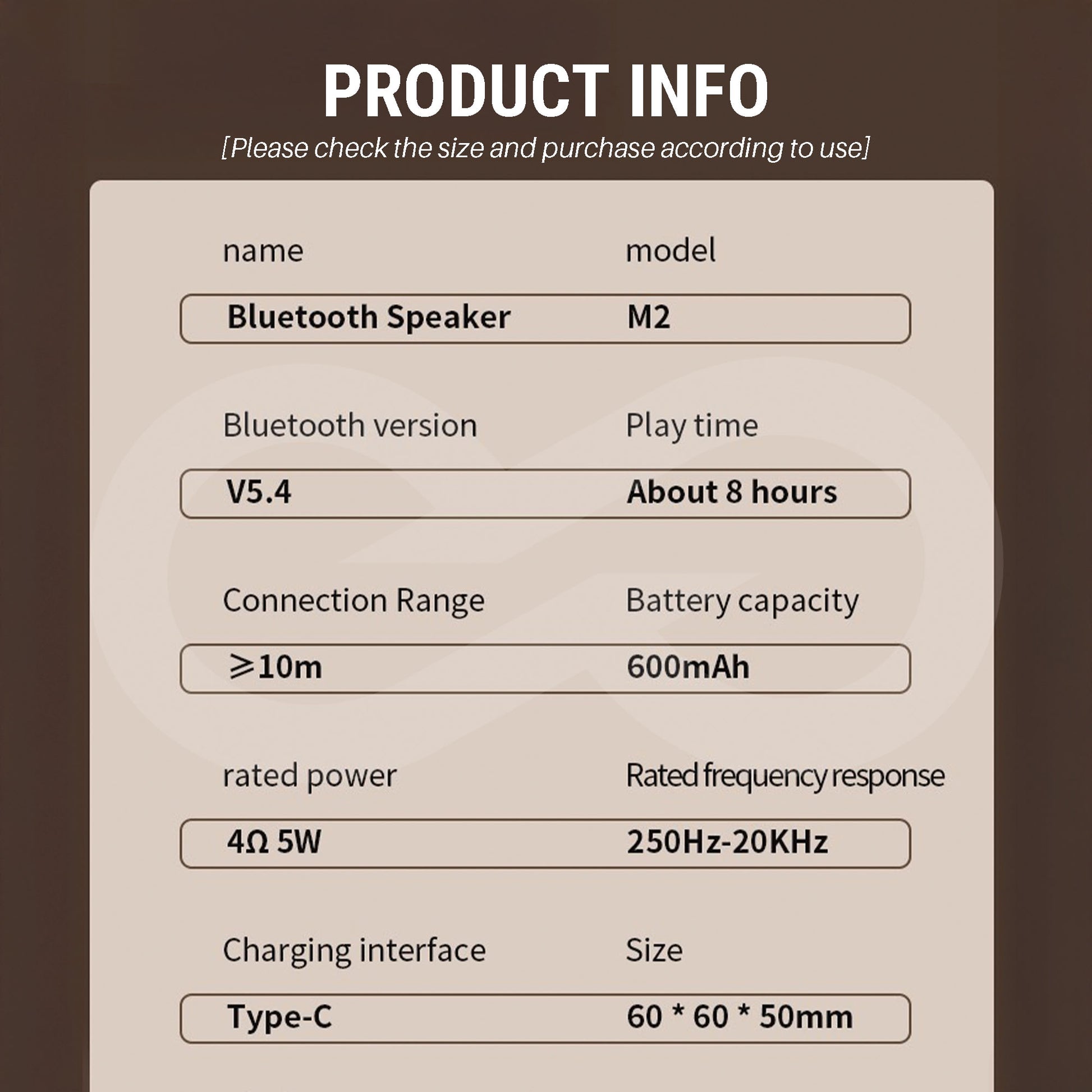 Product information card for a Bluetooth speaker with specifications on a brown background