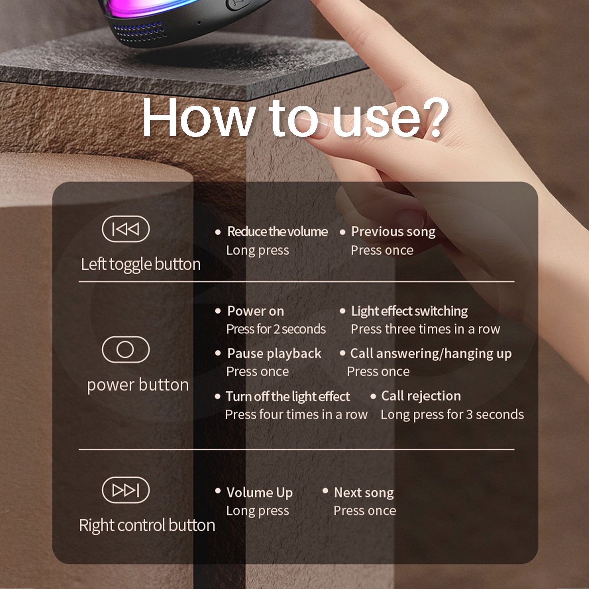 Hand using a device with control buttons and text explaining how to use it.