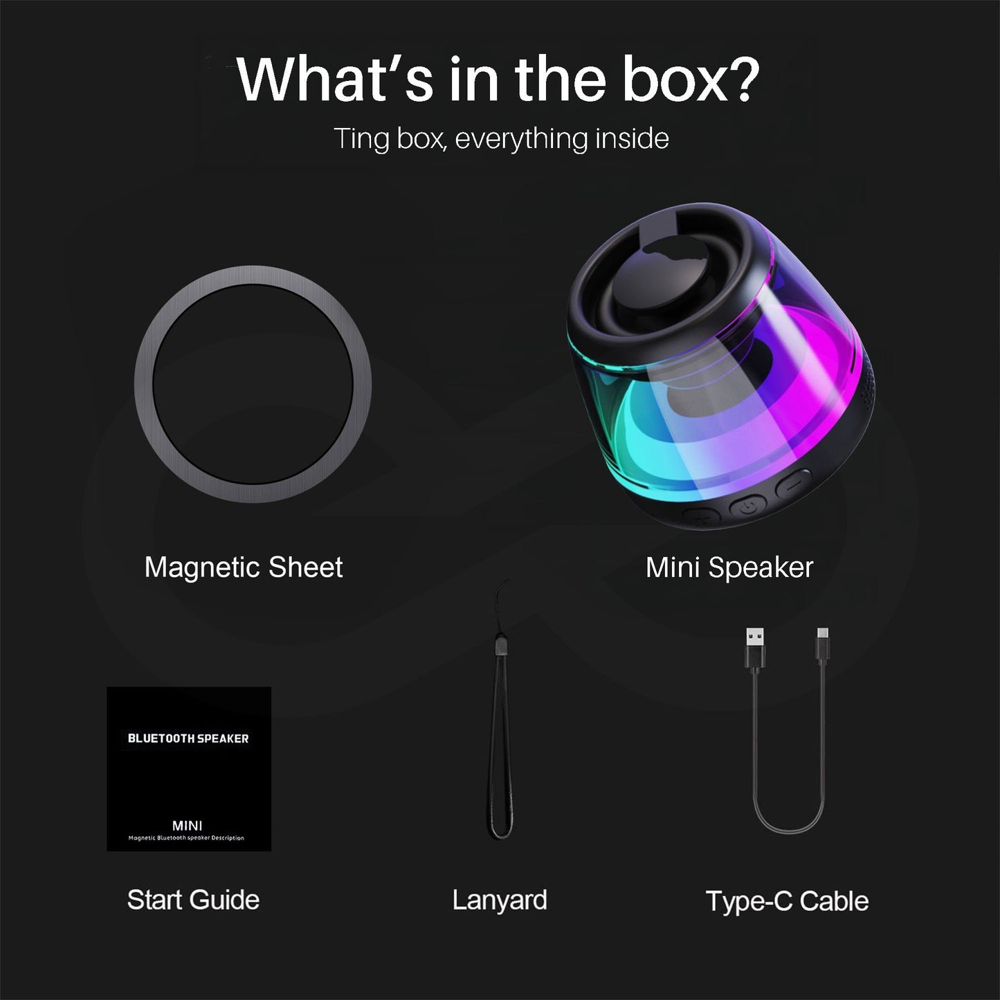 List of items included in a box with a mini speaker and other components on a dark background.