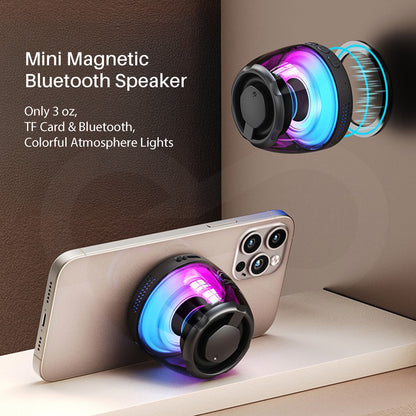 Mini magnetic Bluetooth speaker with colorful lights attached to a phone