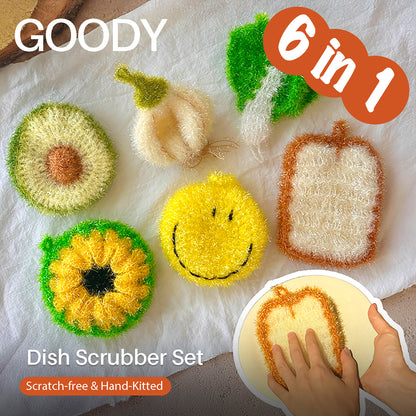 6-in-1 dish scrubber set with various shapes and a hand using one of them on a white background.
