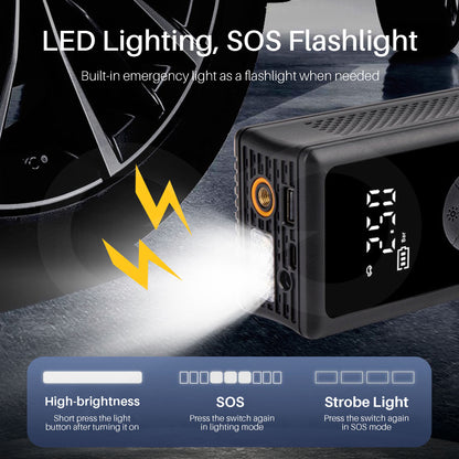 Portable wireless tire inflator with digital display and built-in LED emergency light as a flashlight when needed