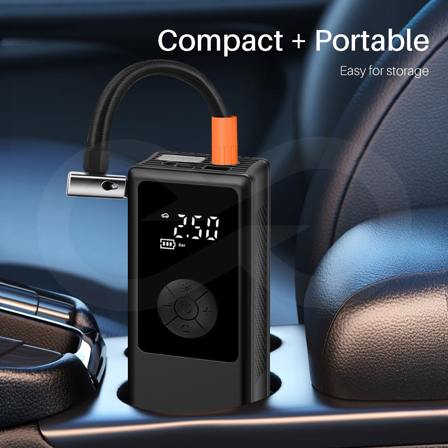 Compact and portable air compressor with digital display in a car