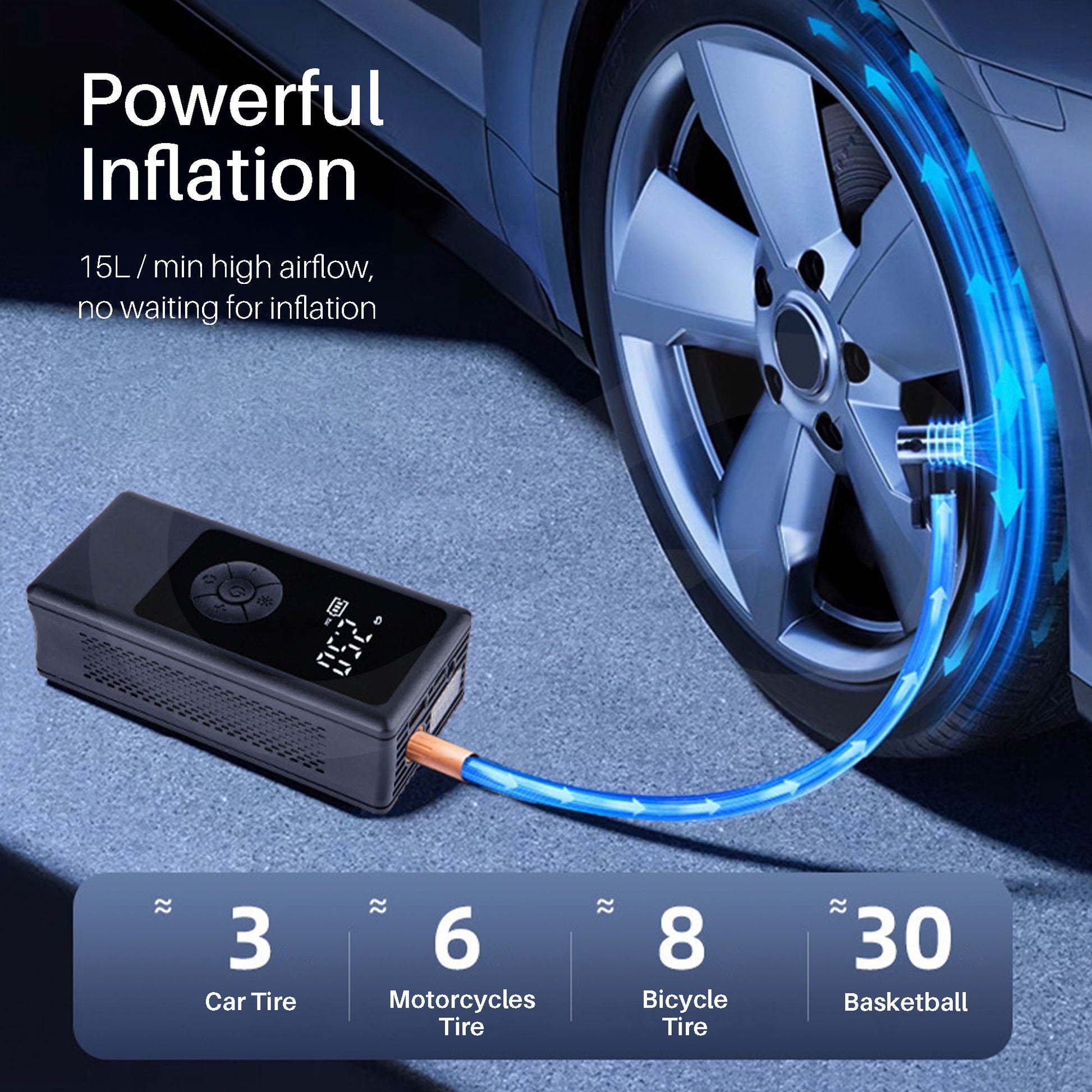Car tire inflator with digital display next to a car tire, showing powerful inflation capabilities.