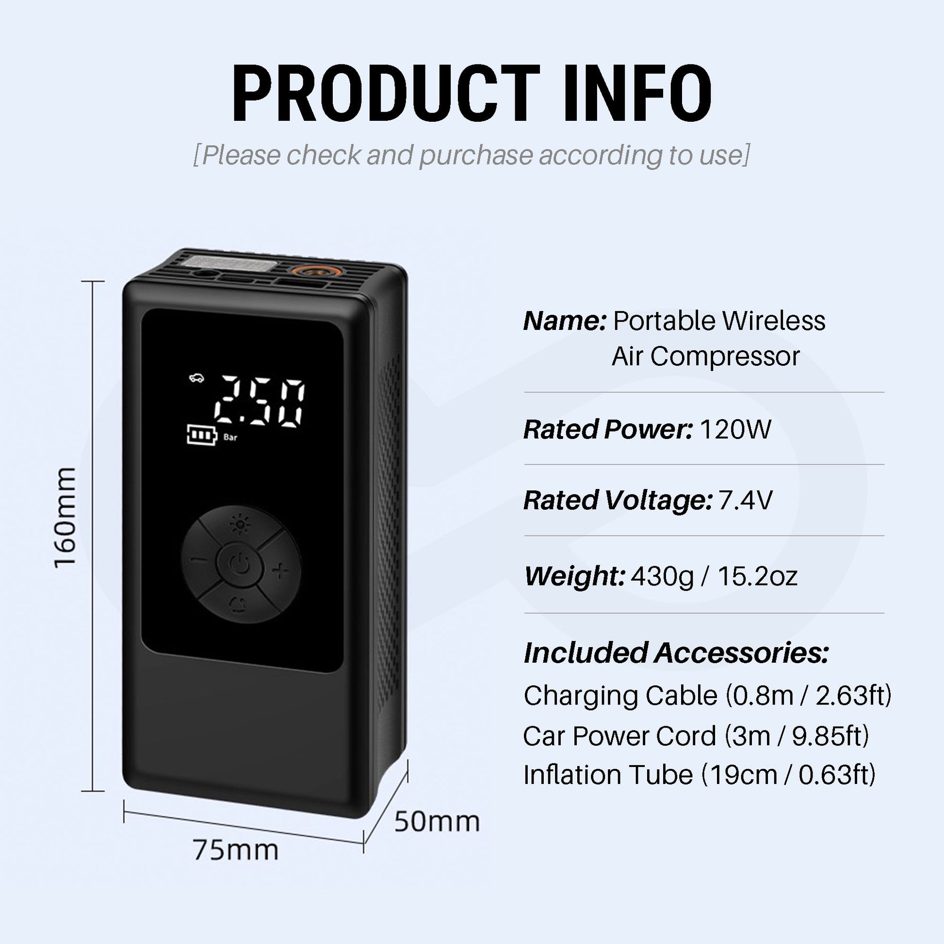 Portable wireless air compressor with specifications on a white background