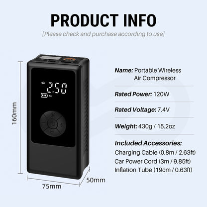 Portable wireless air compressor with specifications on a white background