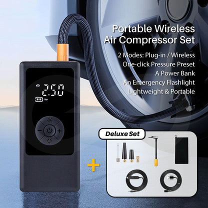 Portable wireless air compressor set with digital display and additional components on a blurred car tire background