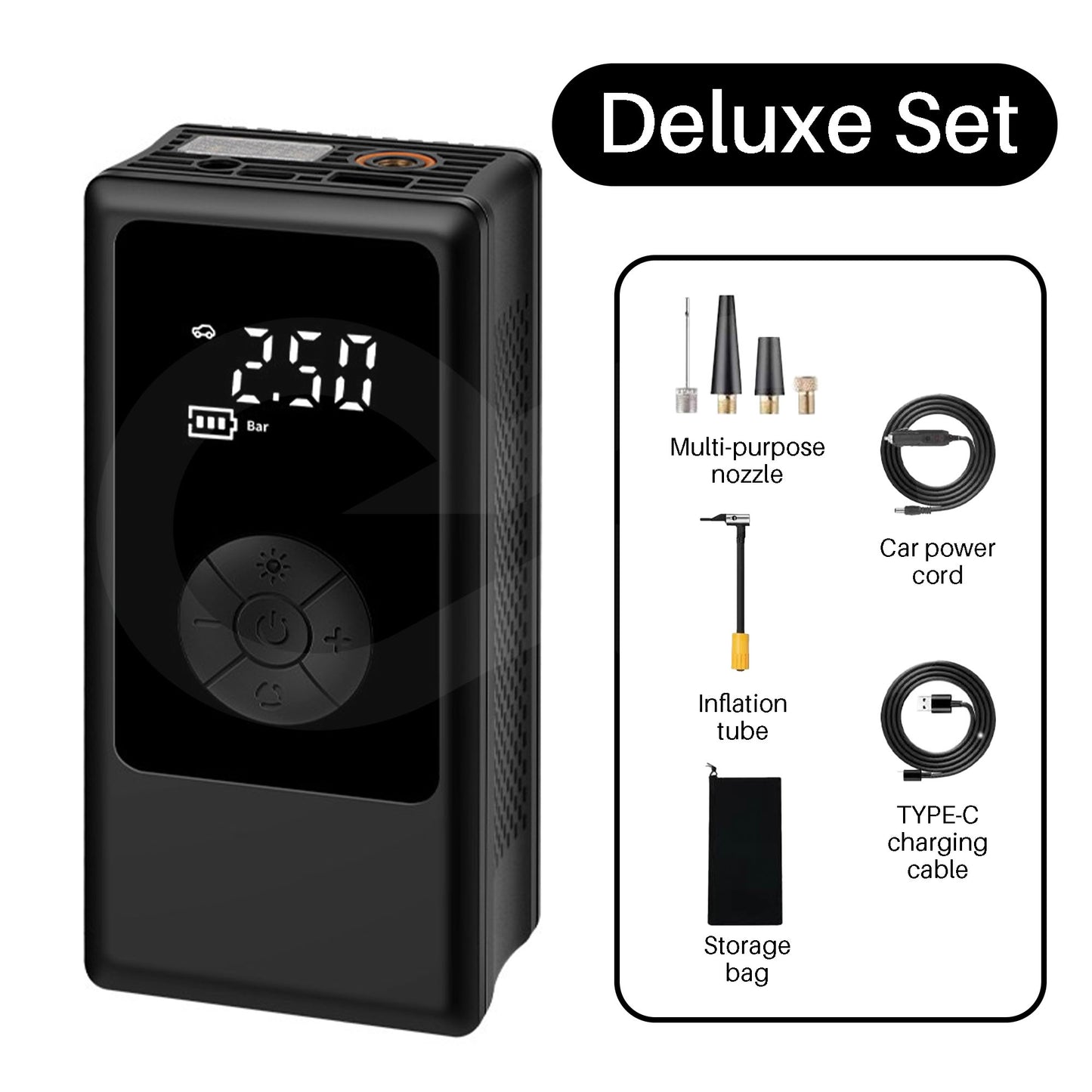 Black portable wireless tire inflator air compressor with accessories on a white background