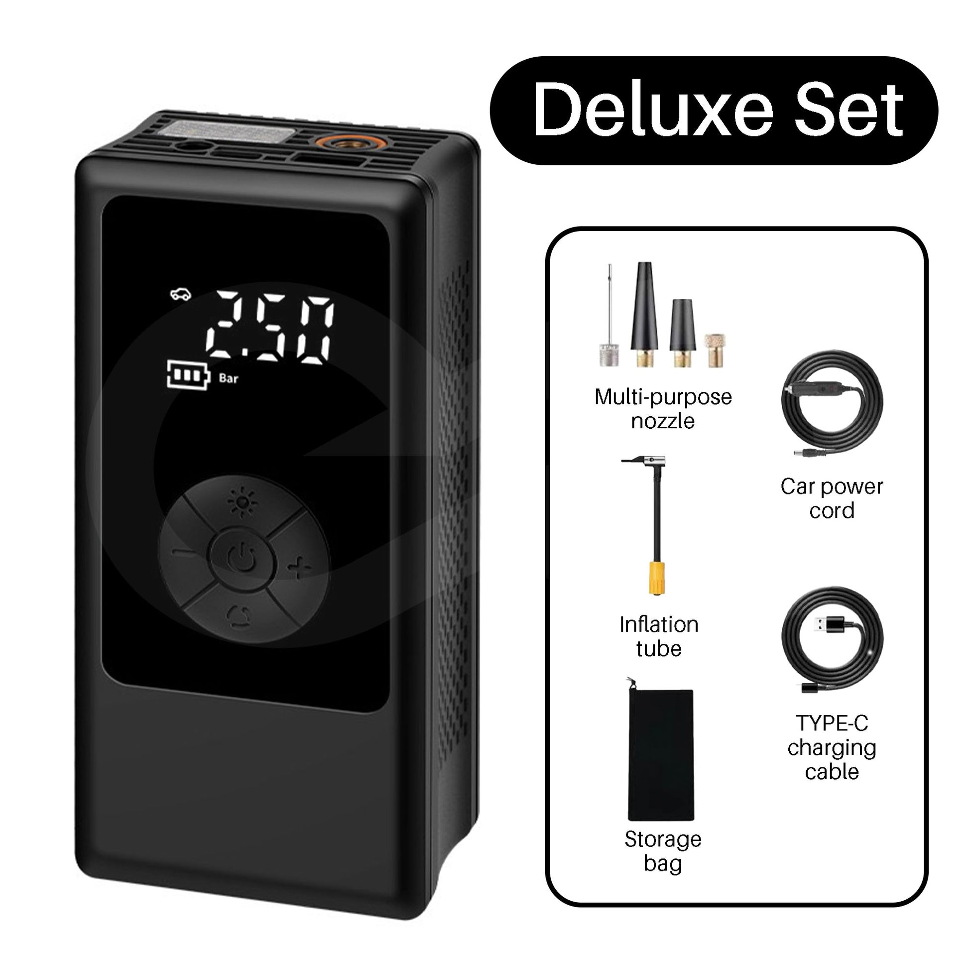 Black portable wireless tire inflator air compressor with accessories on a white background