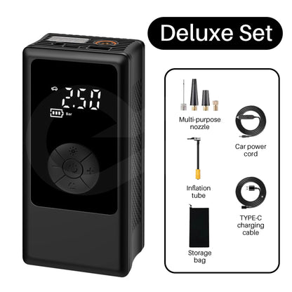 Black portable wireless tire inflator air compressor with accessories on a white background