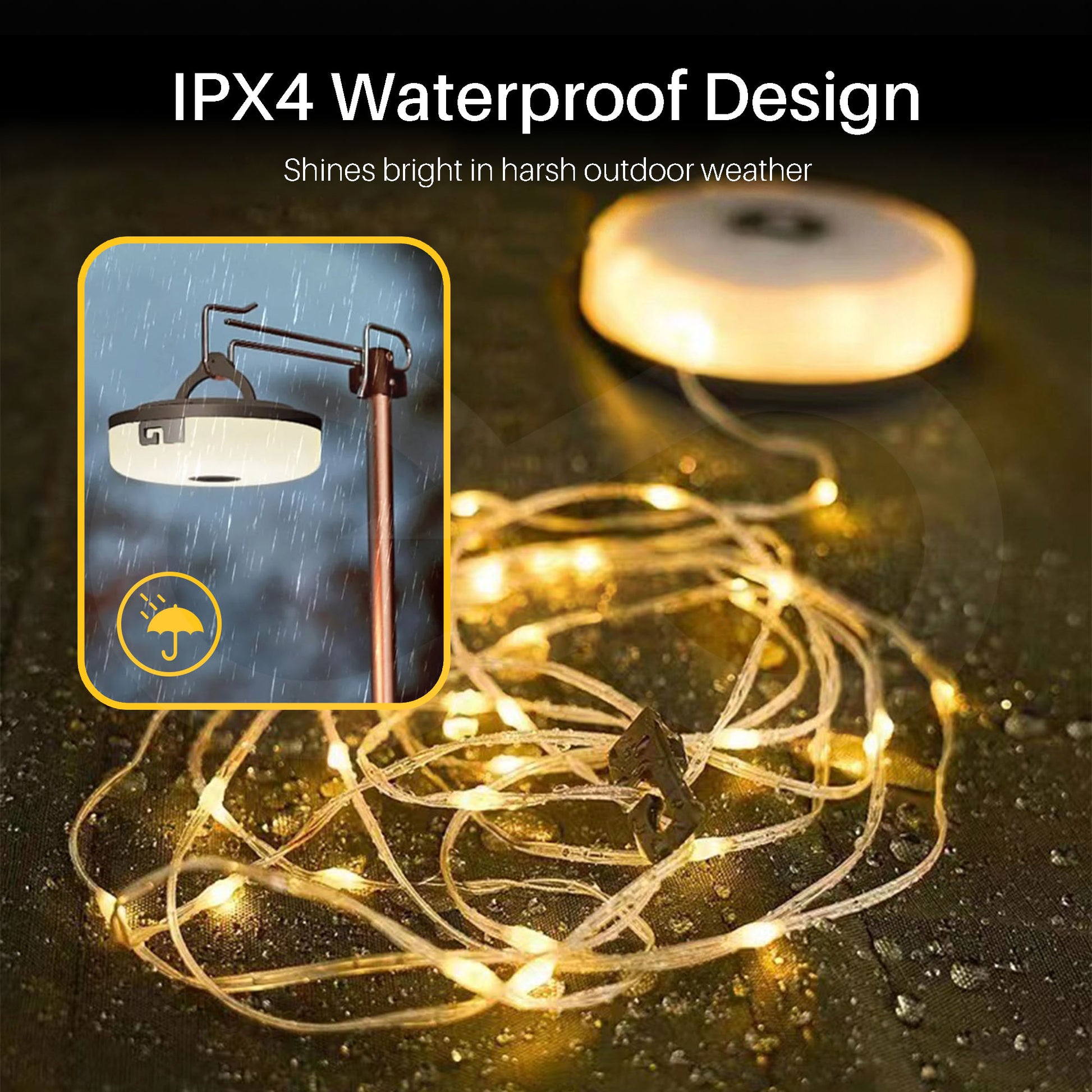 Retractable Rechargeable Camping String Lights 14 IPX4 Waterproof Design
